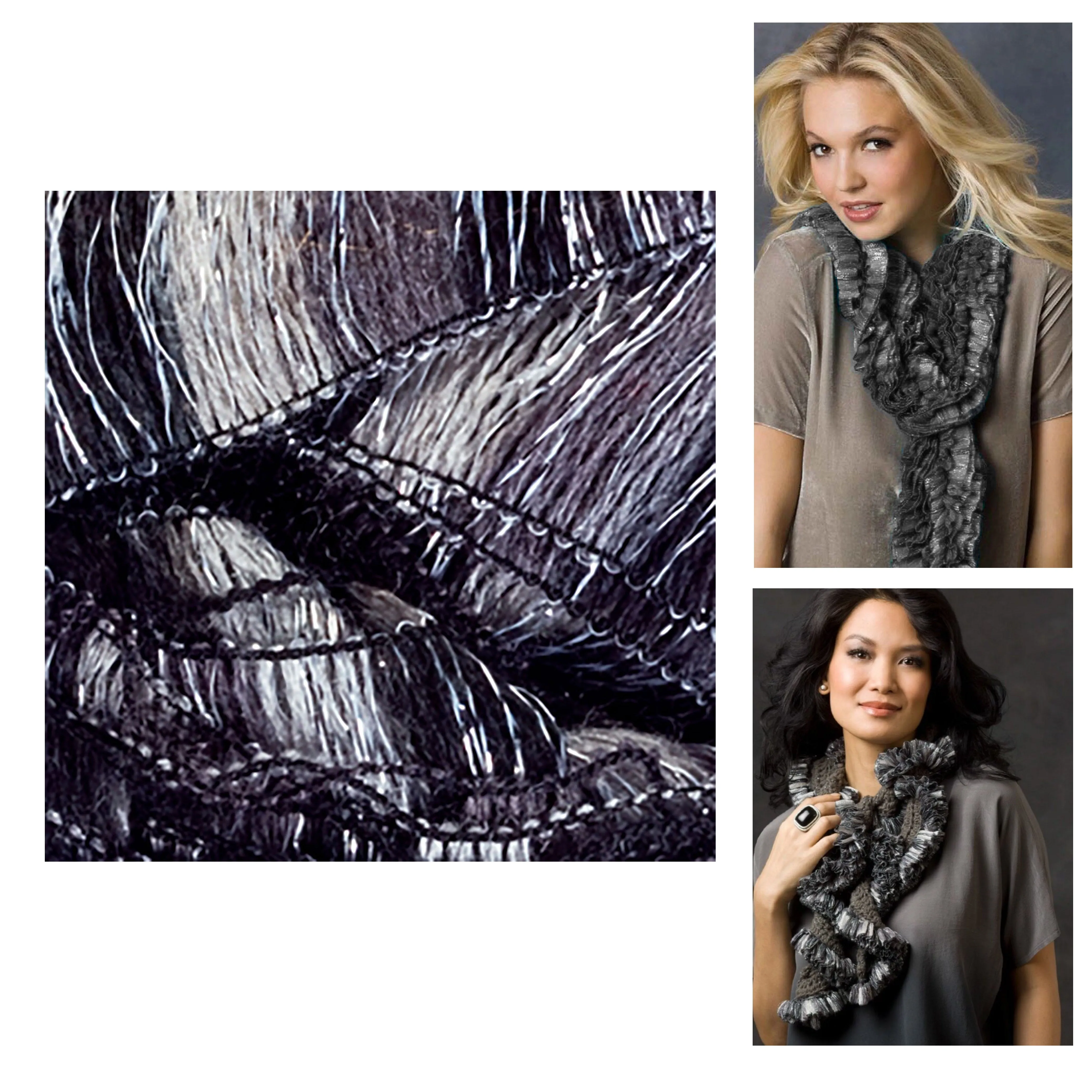 2 X Ruffle Ribbons Yarn Crochet Metallic Trellis Ladder Scarf Knit Grey Black