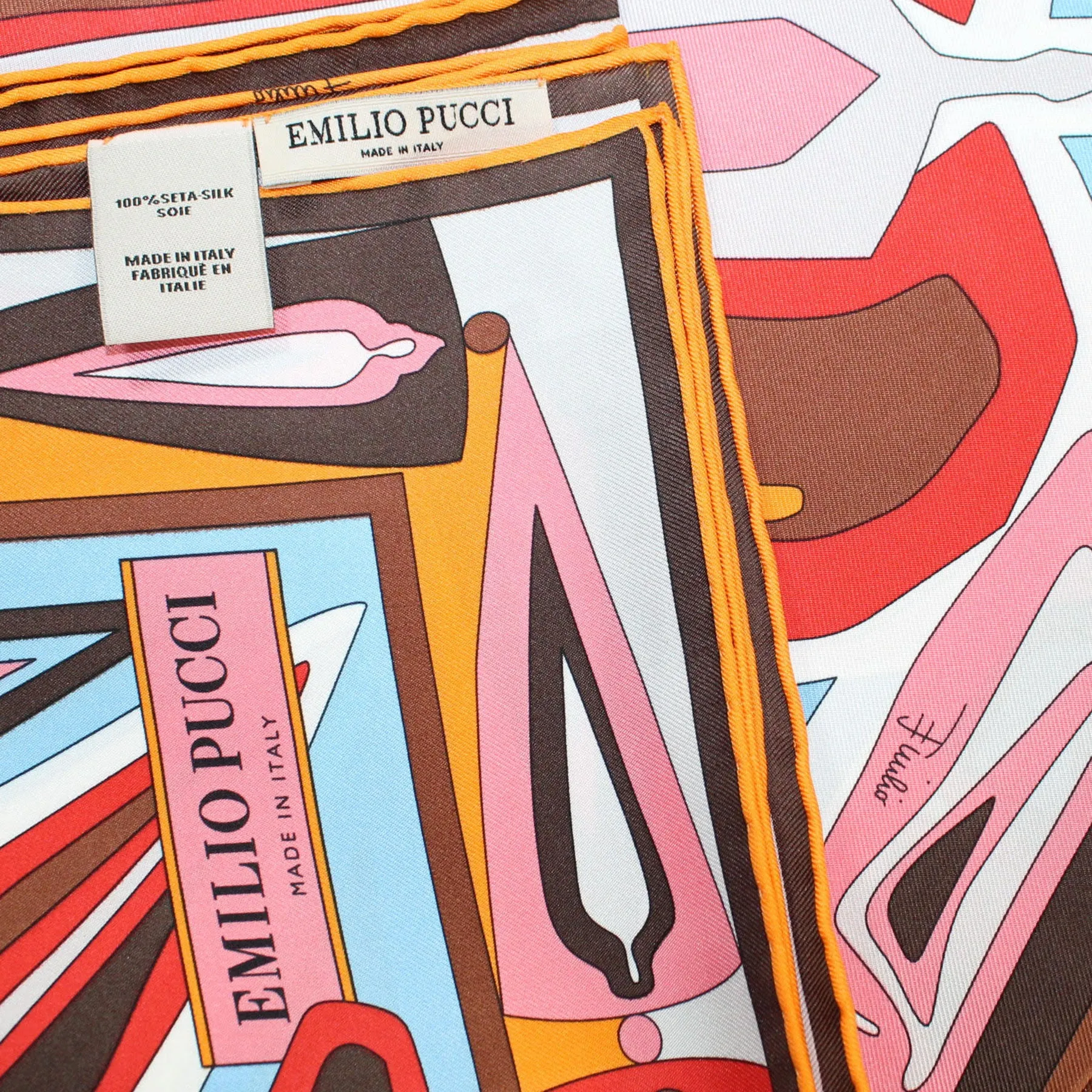 Emilio Pucci Silk Scarf Orange Red Brown Medallions Design - Large Twill Silk Square Scarf SALE