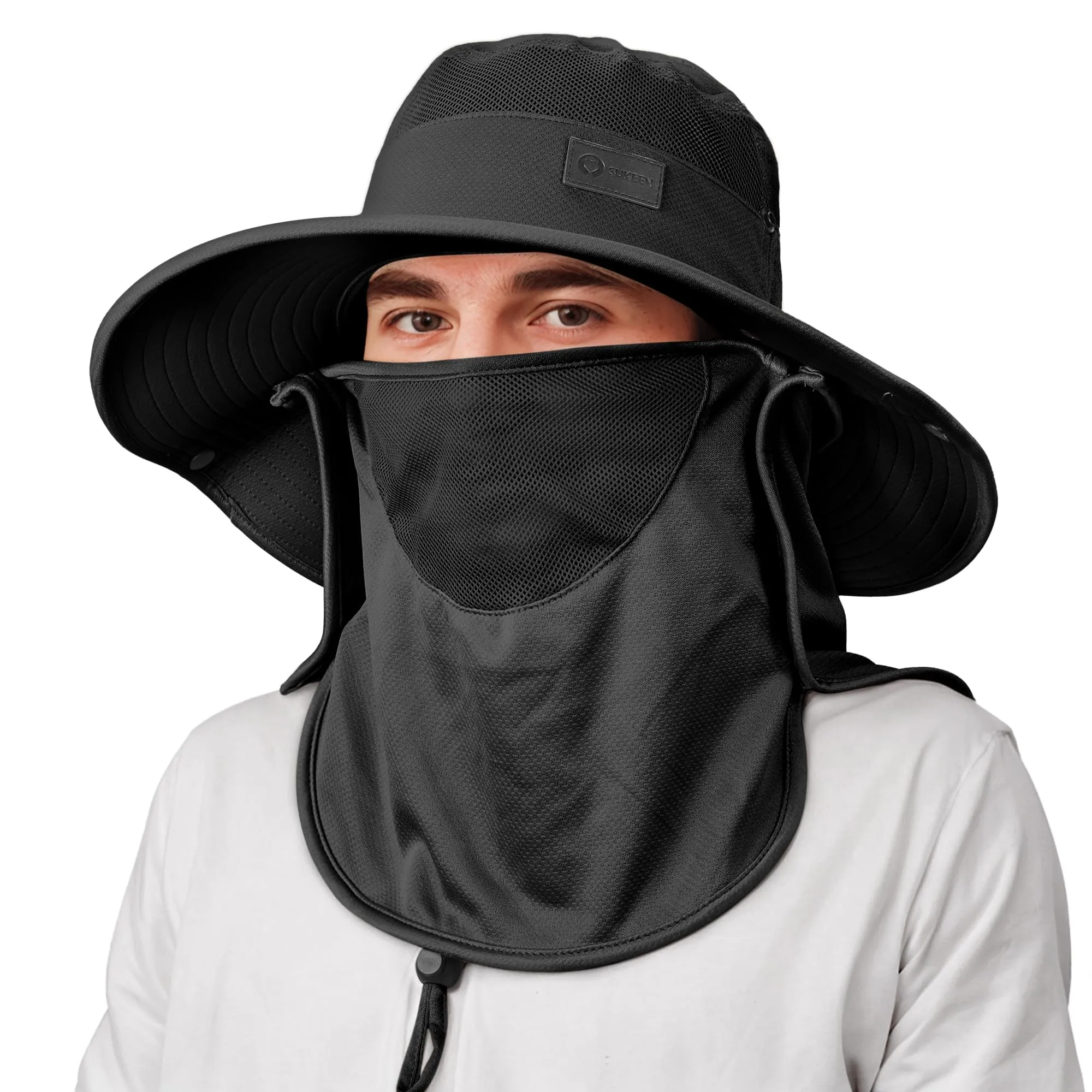 Sukeen Fishing Hat for Men Women, Wide Brim Outdoor UPF 50  Sun Protection with Detachable Neck Flap and Face Mask (Black)