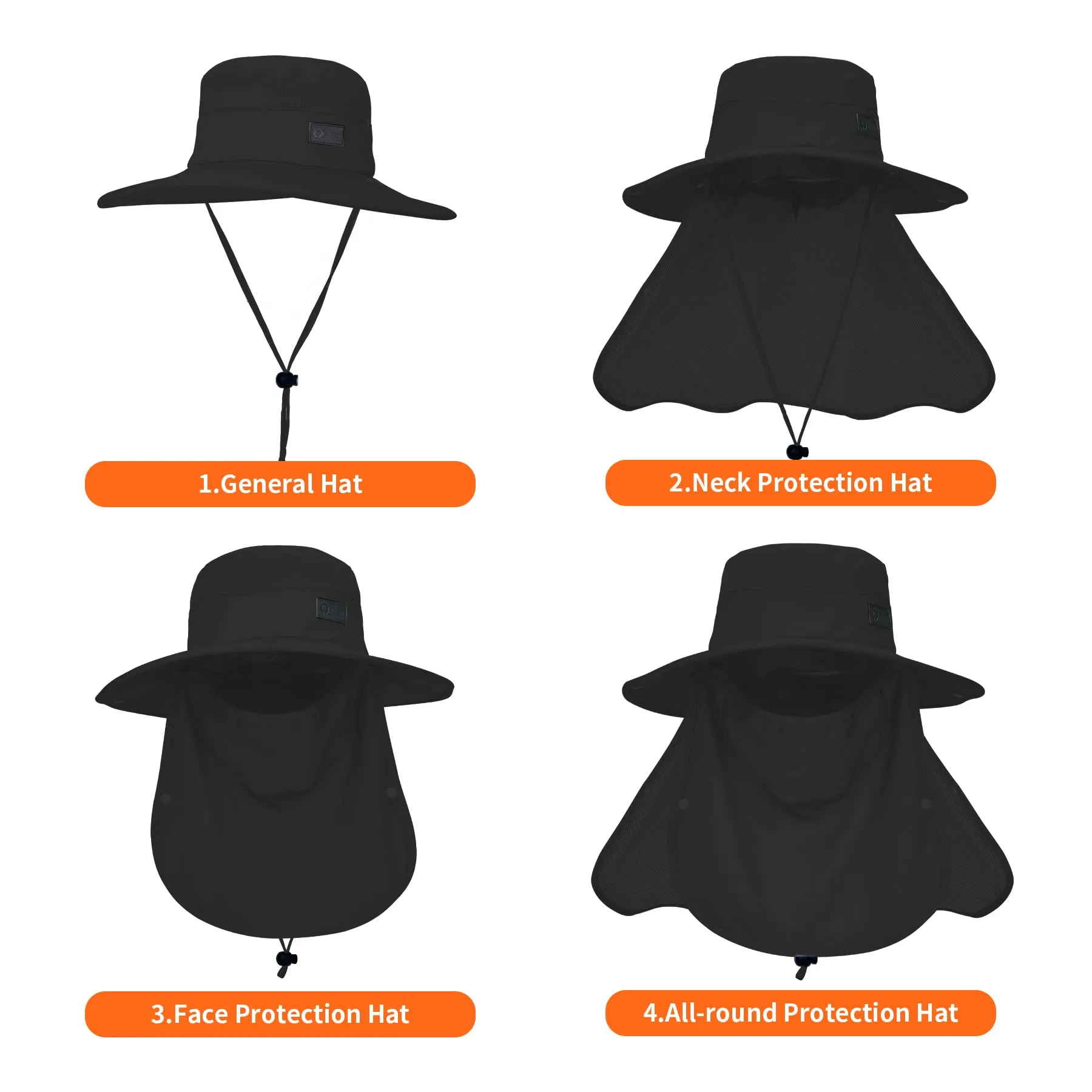 Sukeen Fishing Hat for Men Women, Wide Brim Outdoor UPF 50  Sun Protection with Detachable Neck Flap and Face Mask (Black)