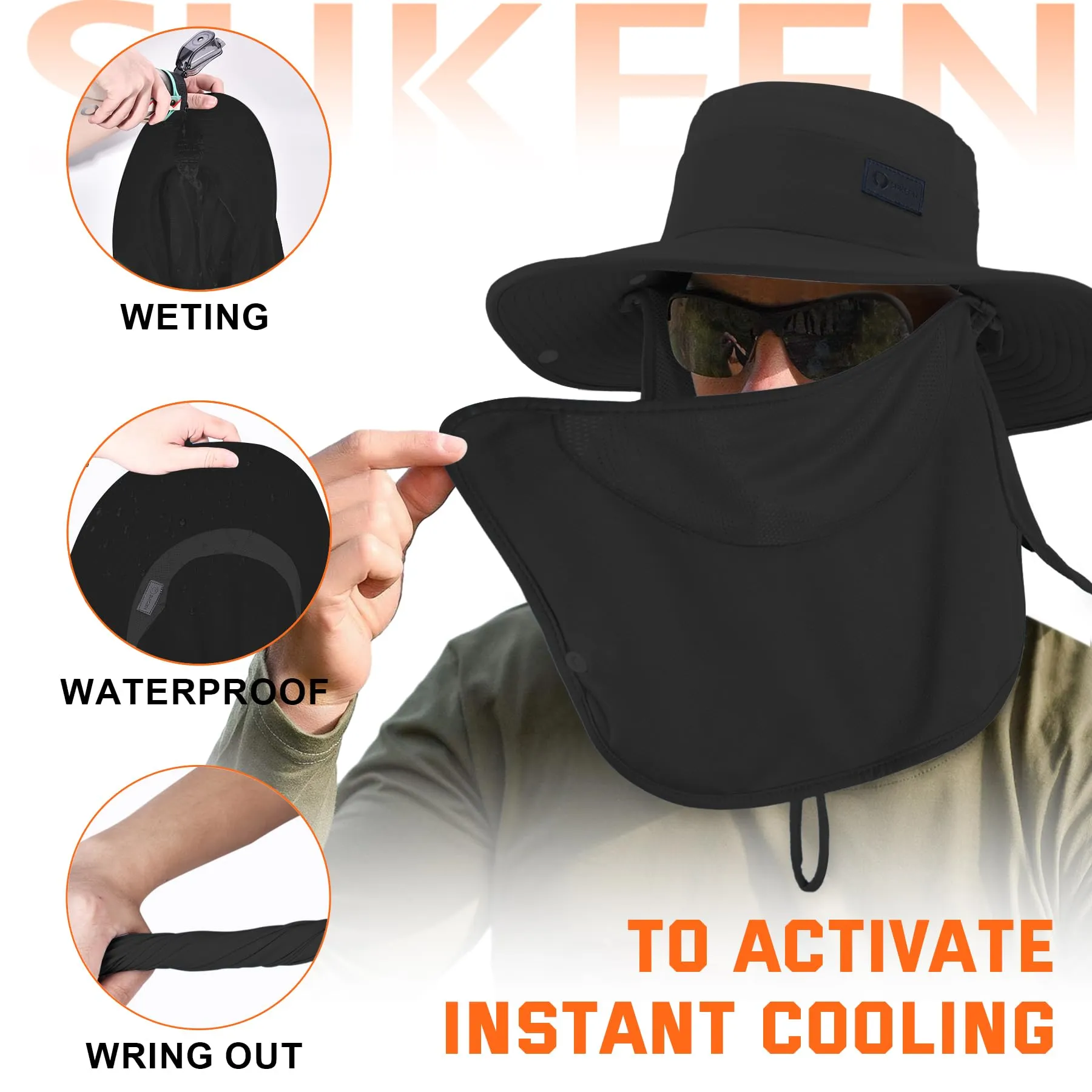 Sukeen Fishing Hat for Men Women, Wide Brim Outdoor UPF 50  Sun Protection with Detachable Neck Flap and Face Mask (Black)