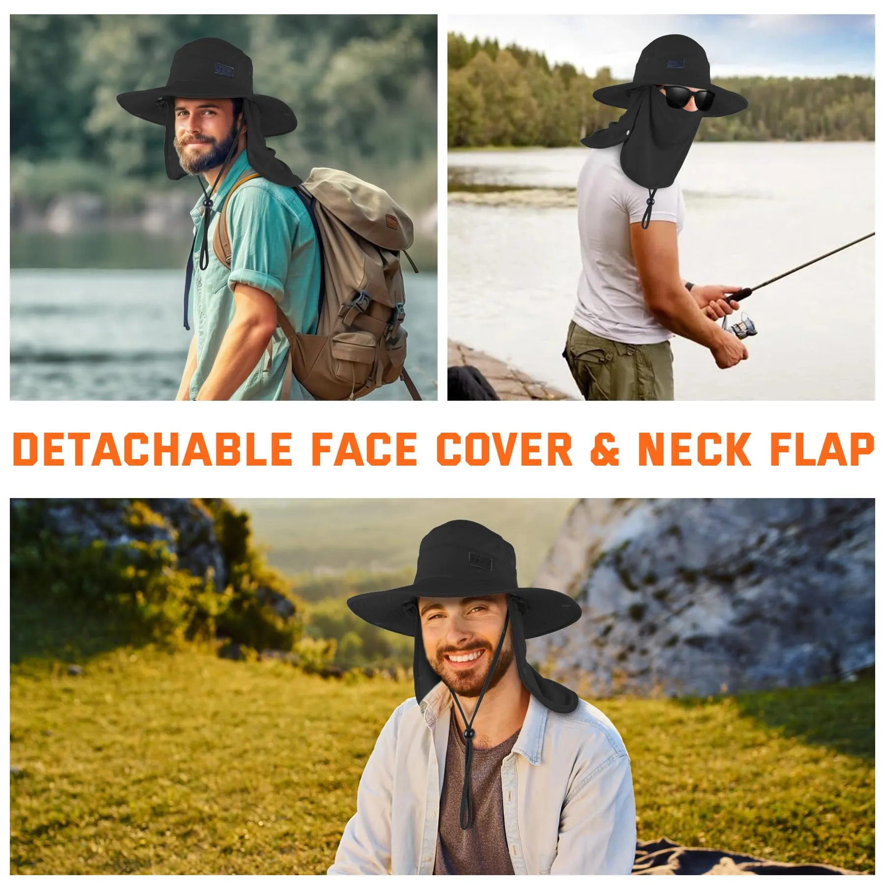 Sukeen Fishing Hat for Men Women, Wide Brim Outdoor UPF 50  Sun Protection with Detachable Neck Flap and Face Mask (Black)